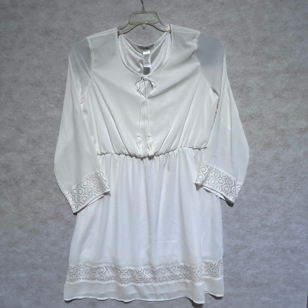 Signature Collection‎ White Dress Womens 1X 1T Tie Neck Lace Trim Long Sleeve